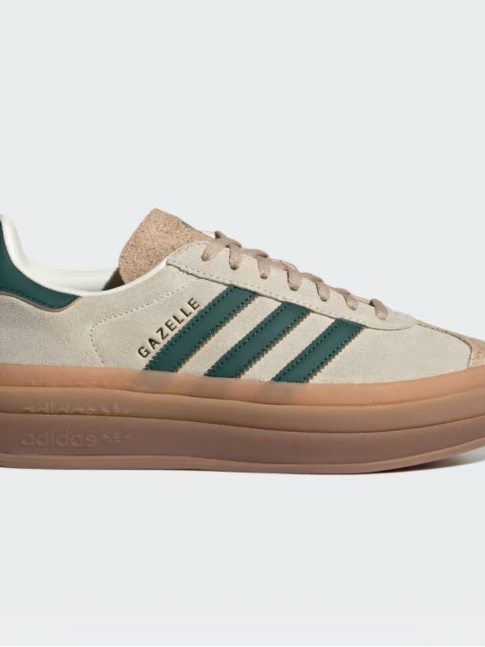 adidas Gazelle Suede Sneaker in Beige with Green Stripes and Gum Sole